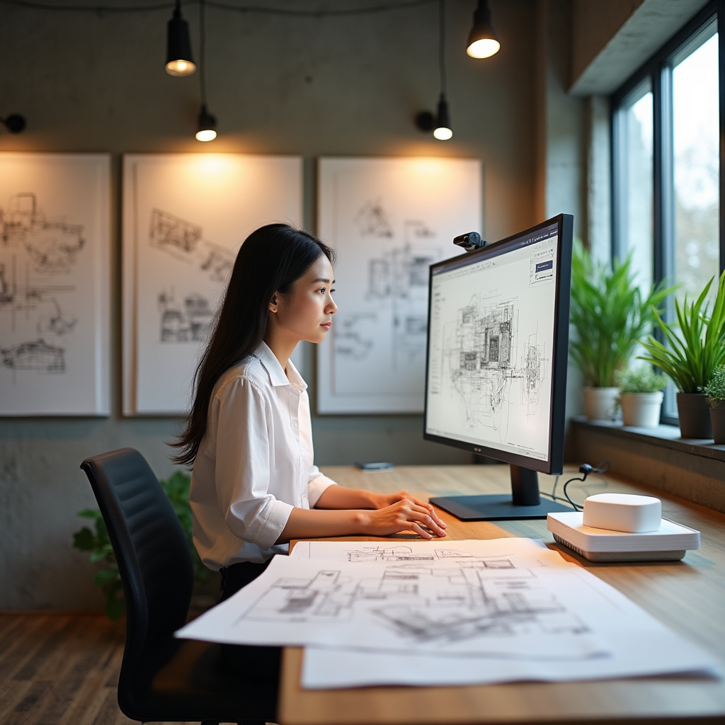 Modern architecture studio workspace with digital project boards and design drawings
