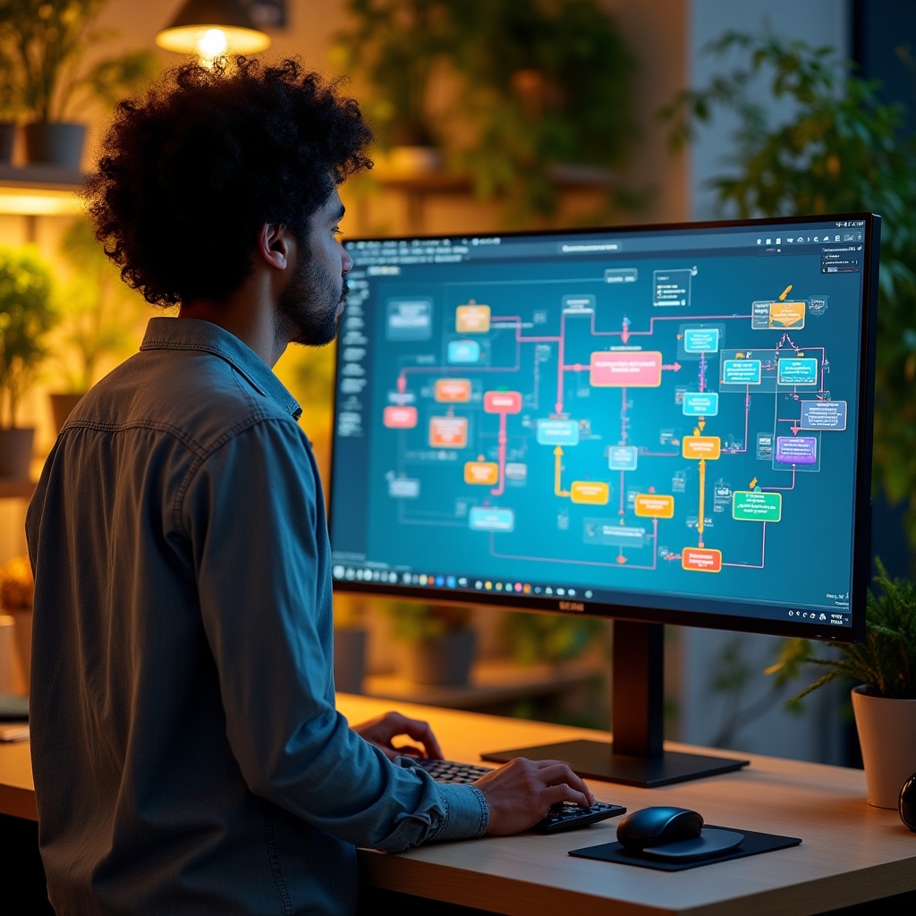 Digital workflow automation diagram on a large monitor with connected nodes and process flows in a modern tech-forward workspace
