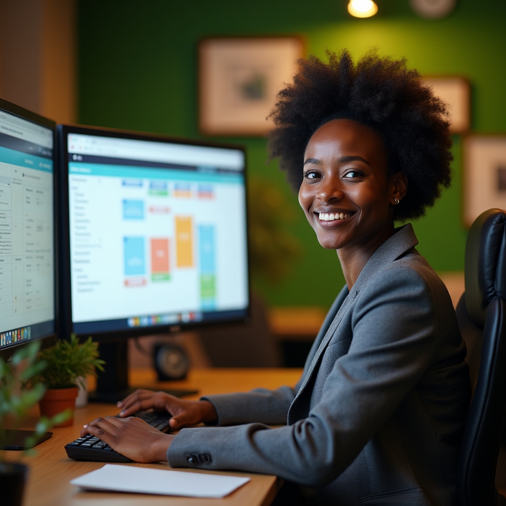 Professional setting up a client communication system on dual monitors with calendar and inbox visible in a green-accented workspace