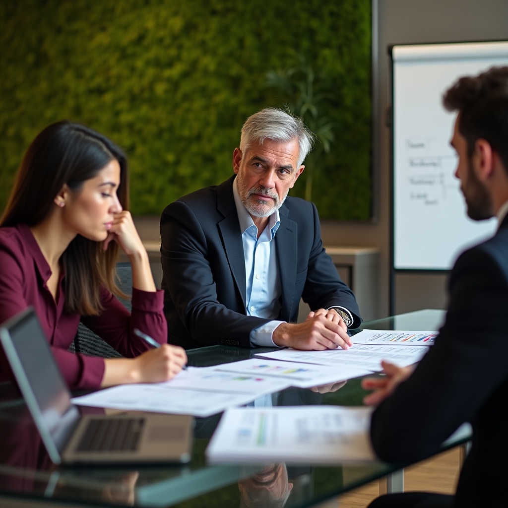 Small consulting firm team in a focused meeting room discussing digital workflow improvements