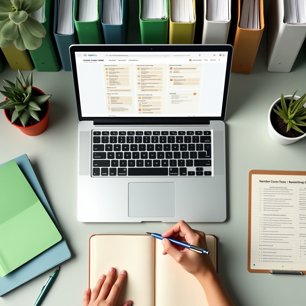 Organized digital workspace showing clean folder structure on screen alongside physical organized binders in a sustainable office with plants