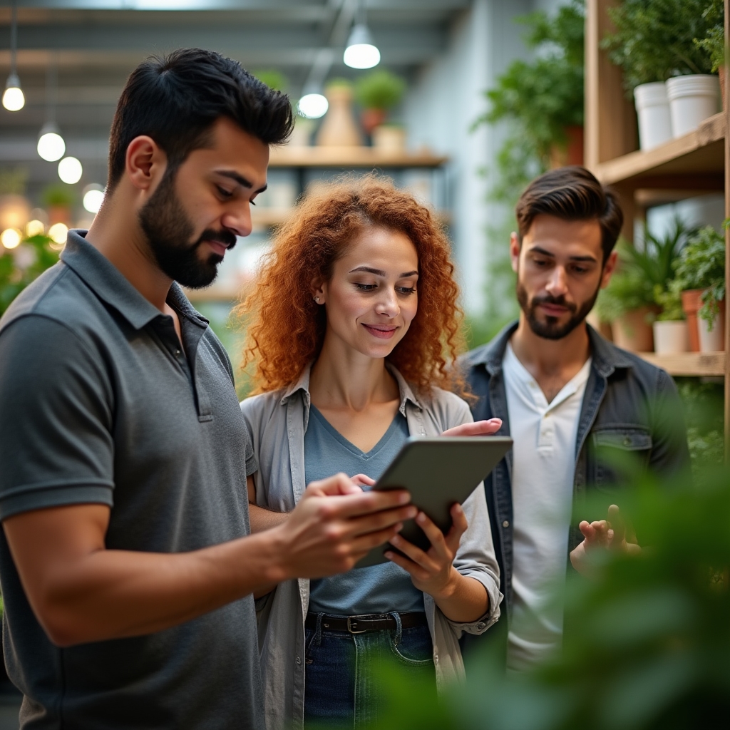 Small retail business team using tablets and digital tools to manage inventory and operations