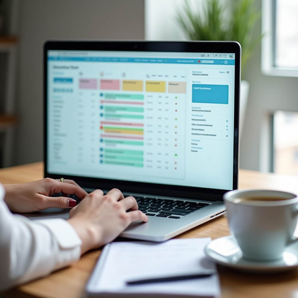 Digital task management interface displayed on a laptop with color-coded project boards in a modern office