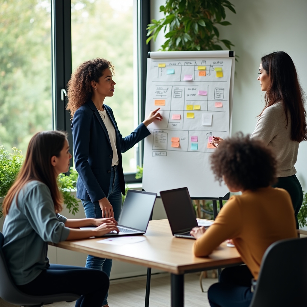 Small business team reviewing workflow on a whiteboard during a consulting session